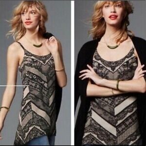 Cabi Lace Overlay Chevron Print Tank Top Camisole Tunic Beige Black Size Medium